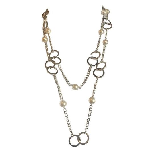 Lia Sophia Silver Circle Pearl Long Wrap Fashion Necklace Adjustable Closure - Picture 1 of 3